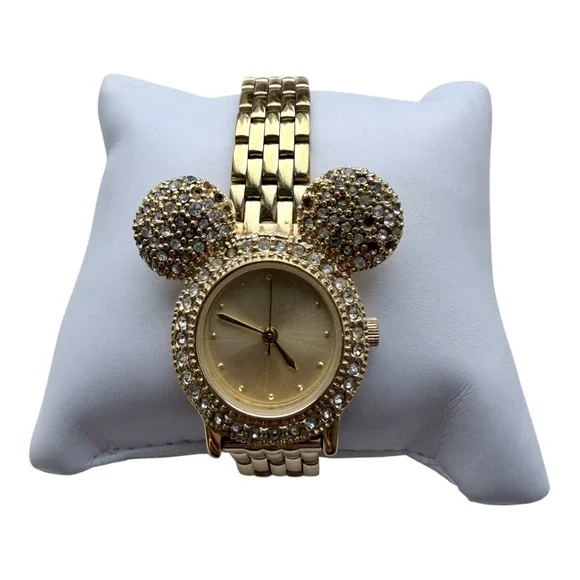 VTG Disney Mickey Mouse Watch Women Gold Rhinestone Link Disney Store Box